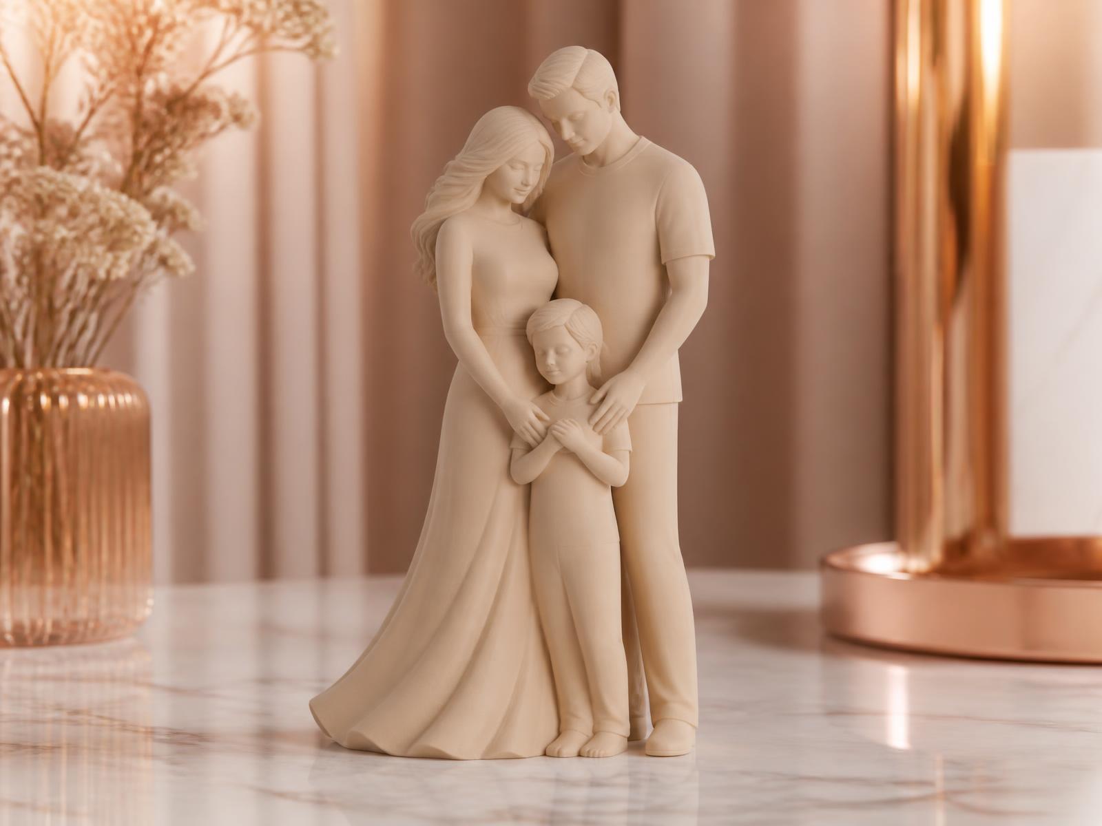 Escultura 3D de uma família impressa em PLA na cor nude sobre mármore